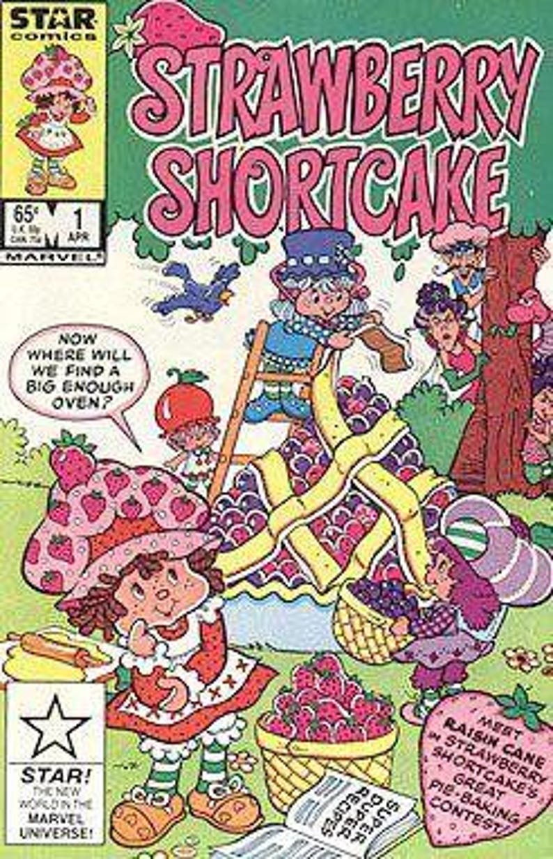 May include: A vintage comic book cover featuring Strawberry Shortcake and friends. The cover has a green background with the title "STRAWBERRY SHORTCAKE" in pink letters. Characters are depicted in colorful outfits, with strawberries and baked goods.