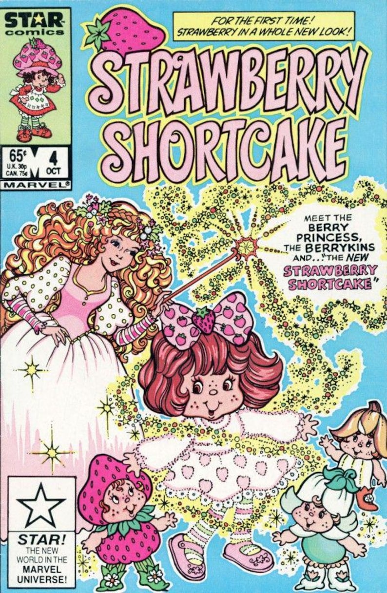Może przedstawiać: Vintage okładka komiksu z tytułem "Strawberry Shortcake" w kolorze r&oacute;żowym. Obraz przedstawia postacie z kresk&oacute;wek, w tym Strawberry Shortcake i inne postacie o tematyce jagodowej, na niebieskim tle. Widoczne jest r&oacute;wnież logo Marvel Comics.