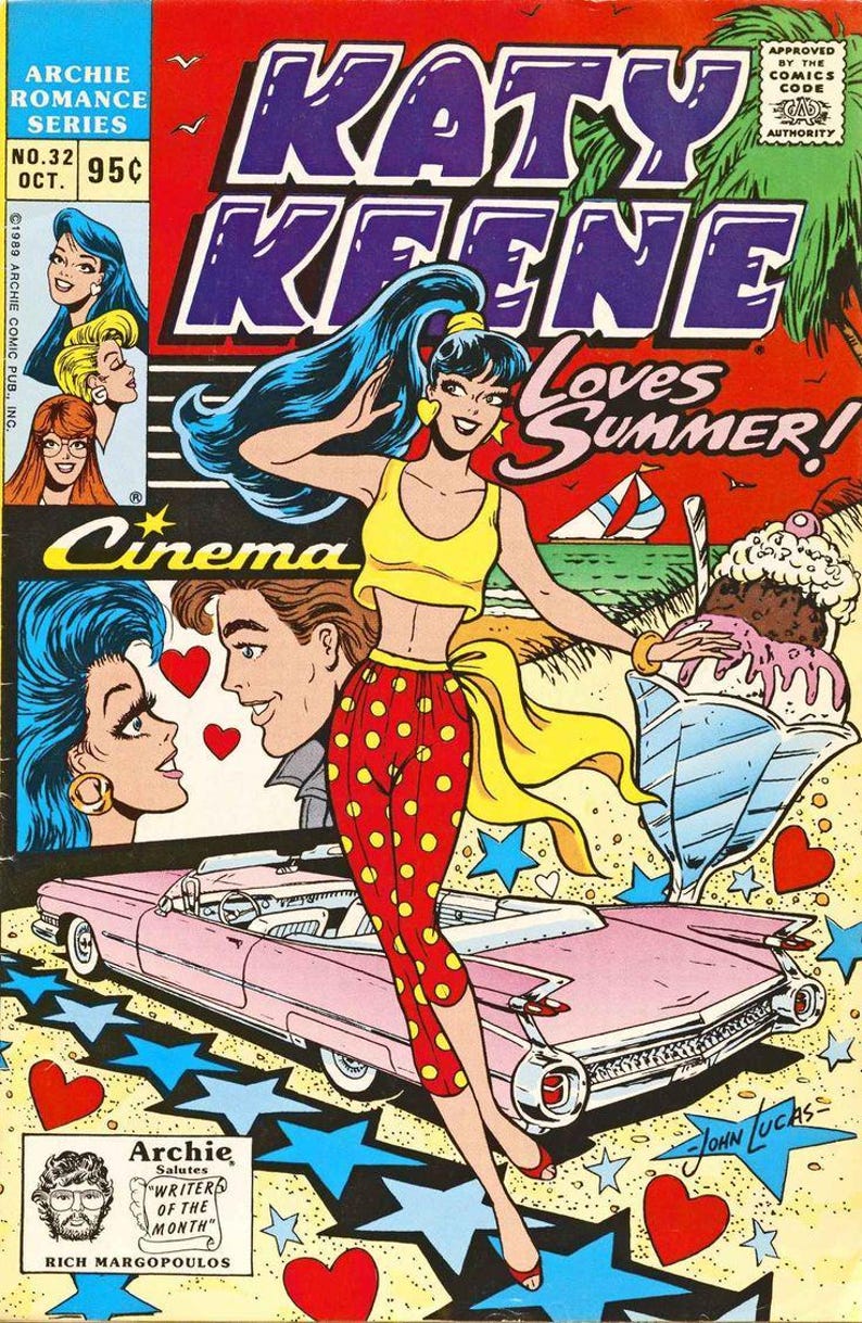 Puede incluir: Portada de c&oacute;mic con el t&iacute;tulo "Katy Keene Loves Summer!". Katy, con un top amarillo y pantalones de lunares rojos, es la protagonista. Tambi&eacute;n se muestra un coche descapotable rosa, un helado y una escena de playa.