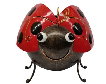 May include: A whimsical metal ladybug planter with a red shell and black spots. The ladybug has a bronze-colored body, smiling face, and delicate wire antennae. The planter has three small legs and is designed for outdoor use.