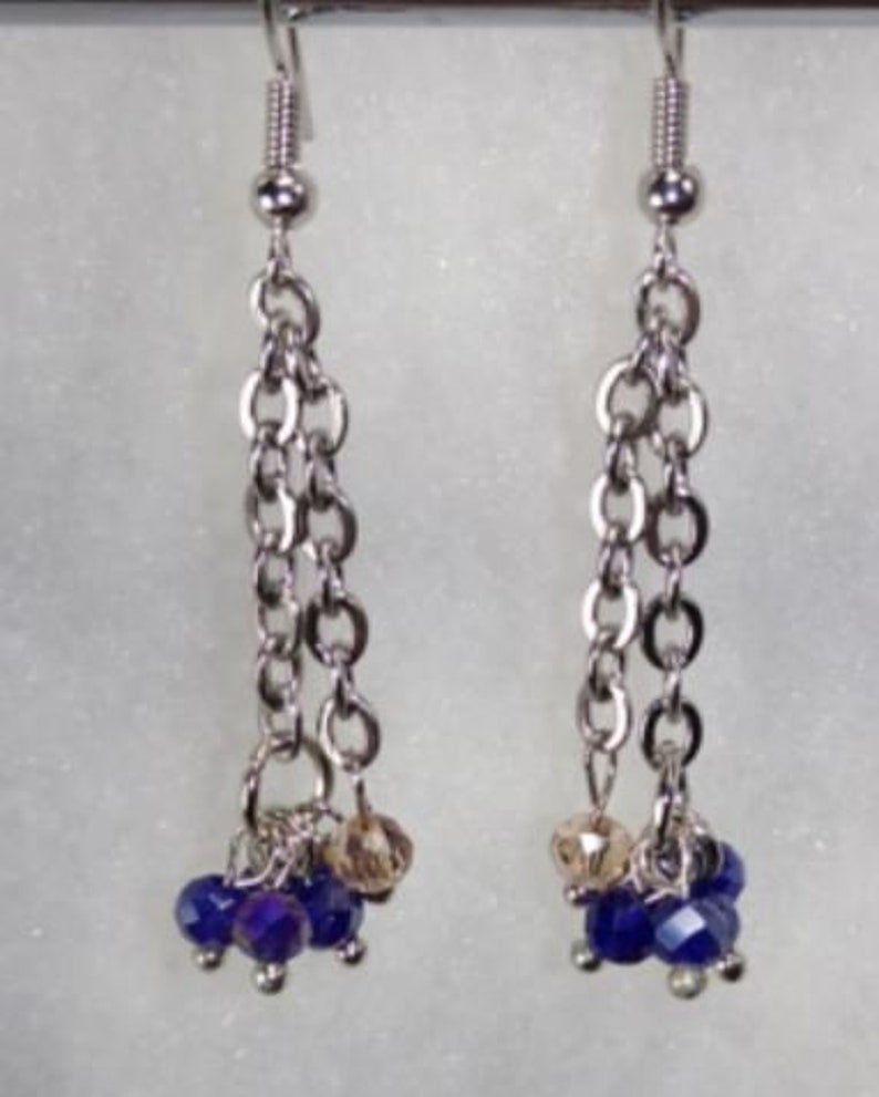 blue beads with champagne accent bead Earrings Lightweight made with nickel freehypoallergenic hooks.