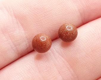 Vintage 9ct 9k Gold Goldstone Stud Earrings Solid 375 Bead Ball Bronze Glitter Gemstone 1980s Retro Ladies Womens Jewellery Jewelry