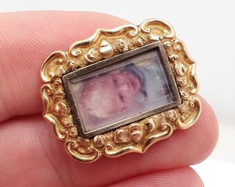 SALE Antique Early Victorian 9ct 9k Gold Brooch Pin Mourning Picture Photo Italian Georgian Solid 375 Estate Fine Womens Jewellery