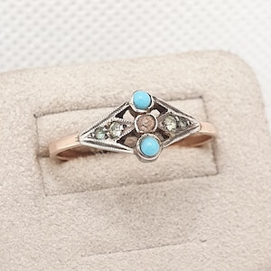 SALE Antike 9 Karat Gold Diamant Paste Ring Türkis Glas Solid Silver & 9k 375 Foiled Pastes Stacker Stacking Vintage Damen Schmuck