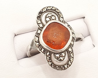 SALE Antique Art Deco Solid Silver Citrine Paste Ring Cluster Marcasite Infinity Knot Figure 8 1920s Vintage Ladies Womens Jewellery Jewelry