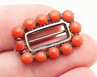 SALE Antique Georgian 9ct Gold Coral Brooch Solid 9k 375 Salmon Orange Rectangular Round Cabochon Genuine Early 1800s Vintage Jewellery