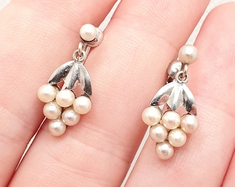 3.3g Vintage 9ct 375 White Gold Grape Earrings Cultured Pearl Art Deco Style Screw Back 1950s Solid 9k 9 Carat Womens Jewellery Jewelry