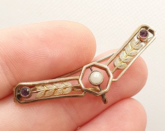 SALE Antique Rolled Gold Amethyst Paste Brooch Pin Art Nouveau French Style Filled Faux Pearl Edwardian Sweet Vintage Womens Jewellery