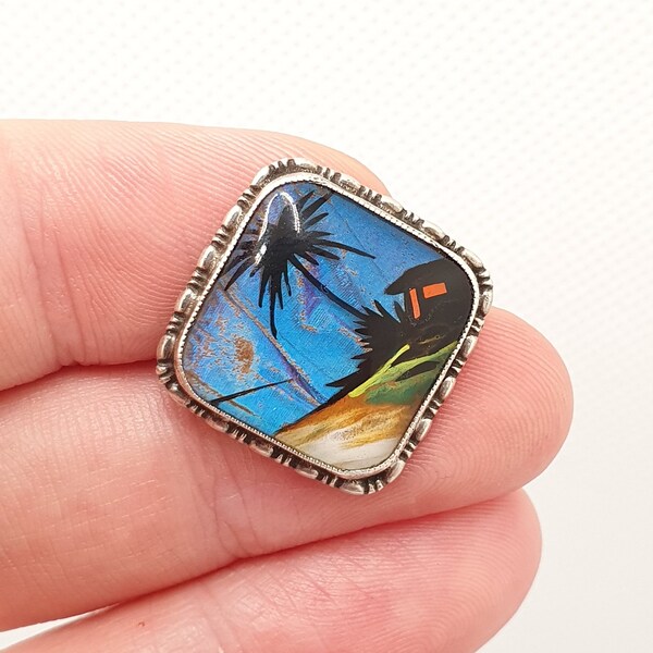 Antique Art Deco Sterling Silver Butterfly Wing Brooch TLM Thomas Mott Beach Palm Tree Ladies Hand Painted Vintage Jewellery Jewelry