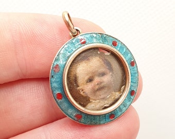 SALE Antique Sterling Silver Enamel Locket Pendant 1903 Hallmark Gold Vermeil Champleve Edwardian Baby Picture Photo Necklace Jewellery