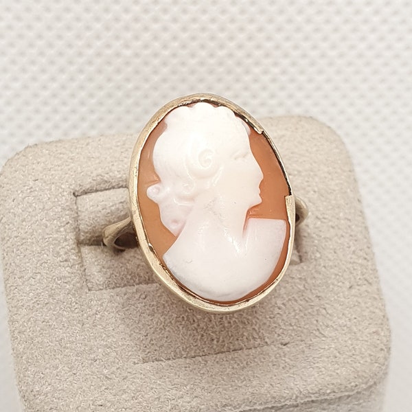 Antique 9ct Gold Cameo Ring Hand Carved Shell Solid 9k 375 Signet Genuine Oval Large Big Italian European Ladies Womens Jewellery Jewelry