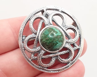 Vintage Sterling Silver Malachite Celtic Knot Pendant Brooch Gaelic Scottish Celtic Necklace Green Gemstone Womens Jewellery Jewelry