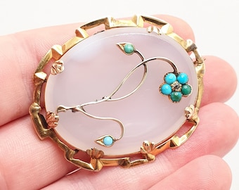 SALE Antique Victorian 9ct 9k Gold Turquoise Diamond Brooch Forget Me Not White Chalcedony Solid 375 Flower Gemstone Womens Jewellery