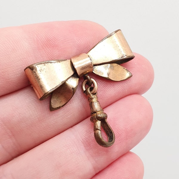 Antique Victorian Rolled Gold Bow Brooch Dog Clip Sweetheart Rose Gold Filled Plain Ribbon 1800s Vintage Ladies Womens Jewellery Jewelry