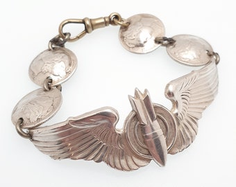 SALE Vintage Sterling Silver US Air Force Flight Bombardier Bracelet American 10 Cent Coins WWII WW2 Handmade Ladies Womens sweetheart