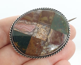 SALE Antique Scottish Silver Jasper Brooch Victorian Agate Solid Sterling Chalcedony Scotland Gemstone Large 1800s  Womens Jewellery Jewelry