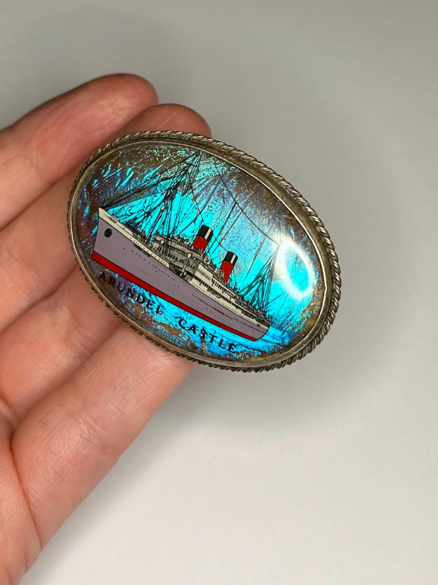 SALE Antique Art Deco Sterling Silver Butterfly Wing Brooch Pin Arundel Castle nautical ship liner Hand Painted Vintage Jewellery Jewelry