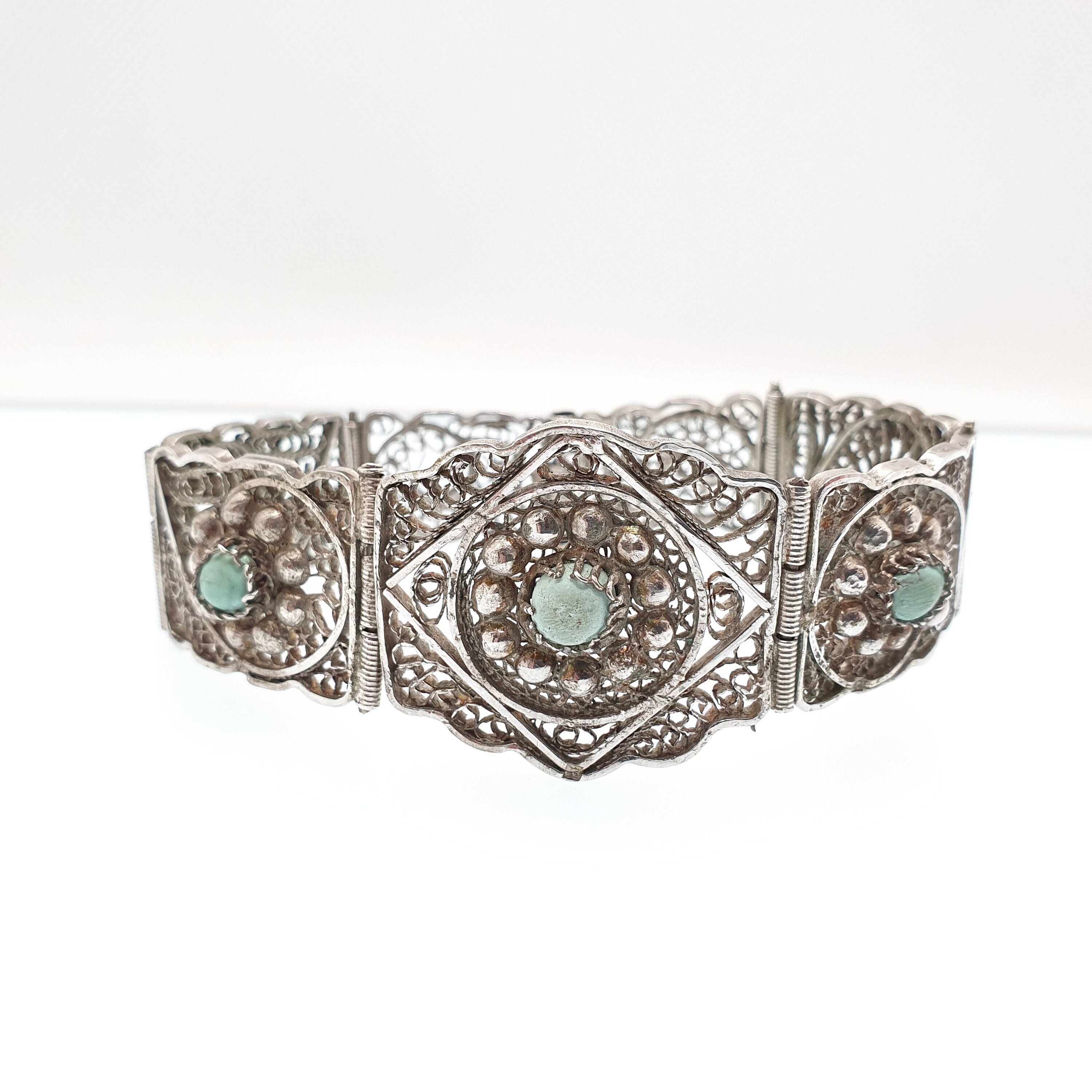 Bracelet égyptien Artisanal Argent Massif Avec Turquoise - Motifs Filigrane Et Cabochons, Occasion Antiquité