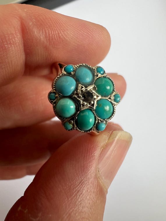 C1860 Victorian Antique 9ct 375 Gold Turquoise Diamond Daisy