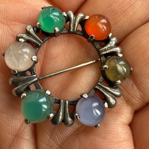 Antique Arts & Crafts Sterling Silver Brooch Pin chrysoprase moonstone carnelian moss agate chalcedony