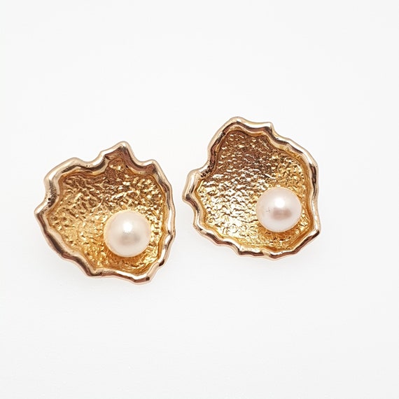 Vintage 9ct 375 Gold Pearl Oyster Earrings Large … - image 4