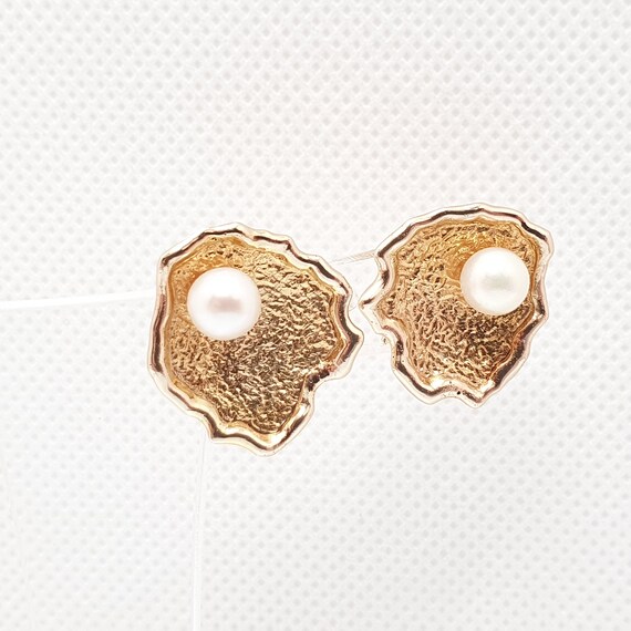 Vintage 9ct 375 Gold Pearl Oyster Earrings Large … - image 2