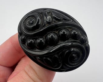 Whitby Jet Carved Oval Victorian Brooch Pin