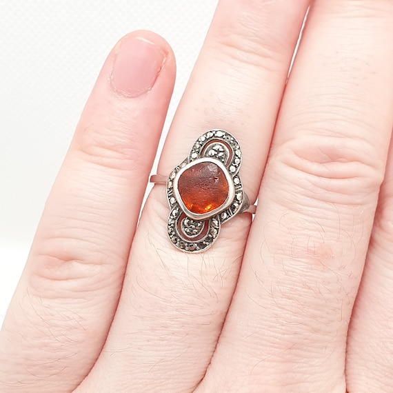 Antique Art Deco Solid Silver Citrine Paste Ring … - image 4
