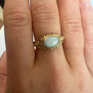Antique Style 9ct 9k Gold Opal Ring Solitaire Solid 375 White Opals Slotted Claw Signet Genuine Gemstone Womens Jewellery Jewelry