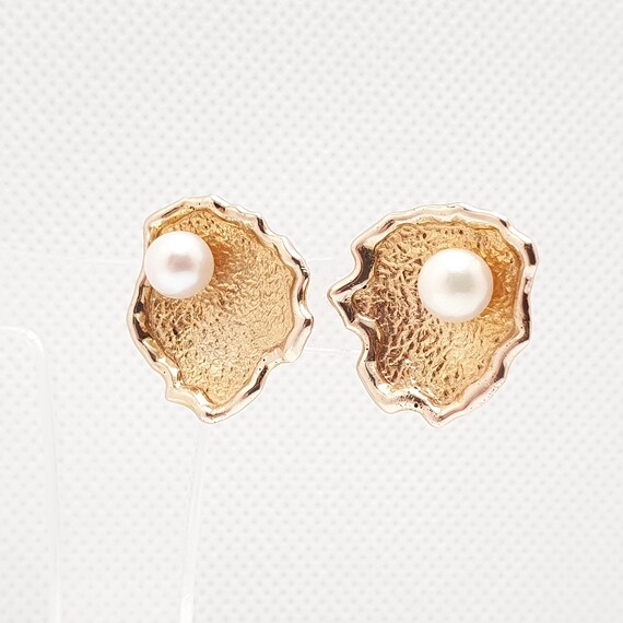 Vintage 9ct 375 Gold Pearl Oyster Earrings Large … - image 3
