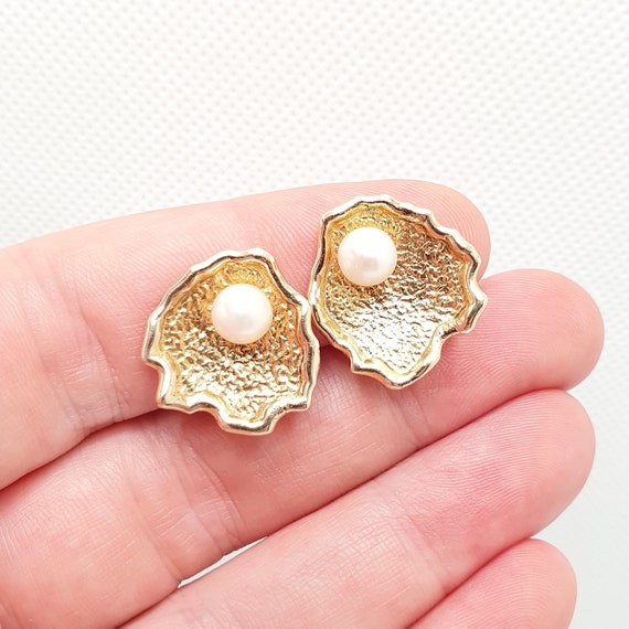Vintage 9ct 375 Gold Pearl Oyster Earrings Large … - image 1