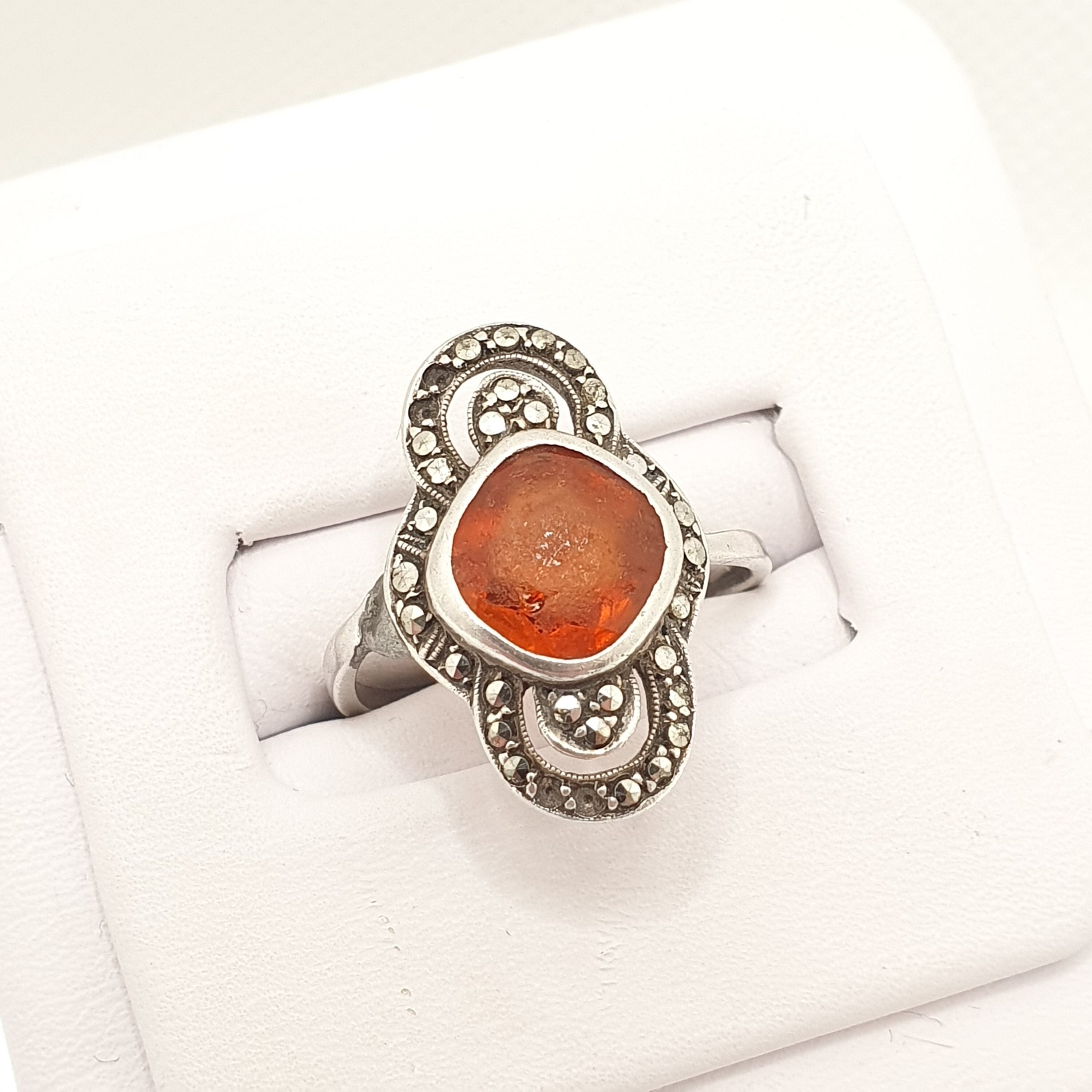 Bague Ancienne Art Déco En Argent Massif Filigrané, Avec Citrine Et Perle - Pièce Unique