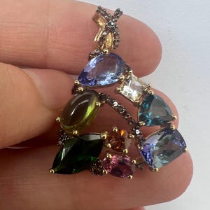 TGGC Retro 10k Gold Multi Gemstone Pendant Necklace Colourful Colorful Triangle Modernist Jewellery Jewelry Peridot Tourmaline similar 9ct