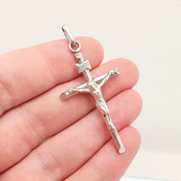 Vintage Sterling Silver Jesus Crucifix Pendant INRI Jesus on the Cross Rosary Necklace Large Big Christian 925 Womens Mens Jewellery Jewelry