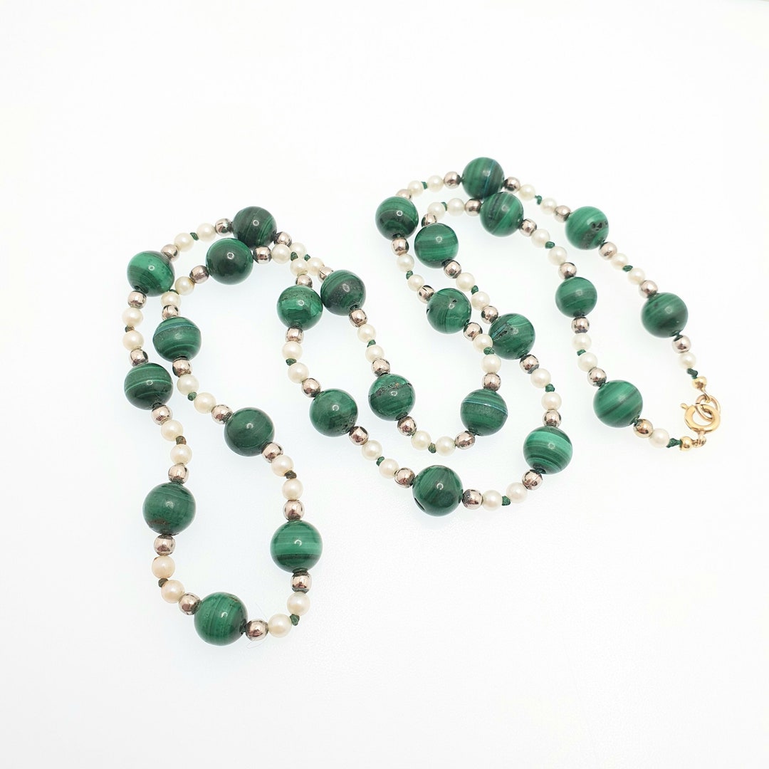 Vintage Malachite Bead Necklace Cultured Pearl Real Gemstone Etsy