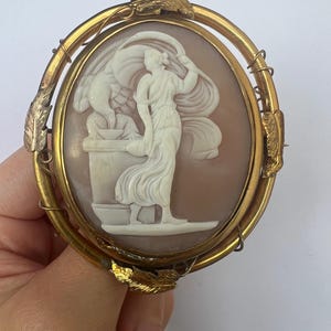 Antique Victorian Cameo Brooch Pin Rolled Gold Pinchbeck Filled Large Grand tour Big Roman Mythology Genuine Shell Carved Locket Swivel
