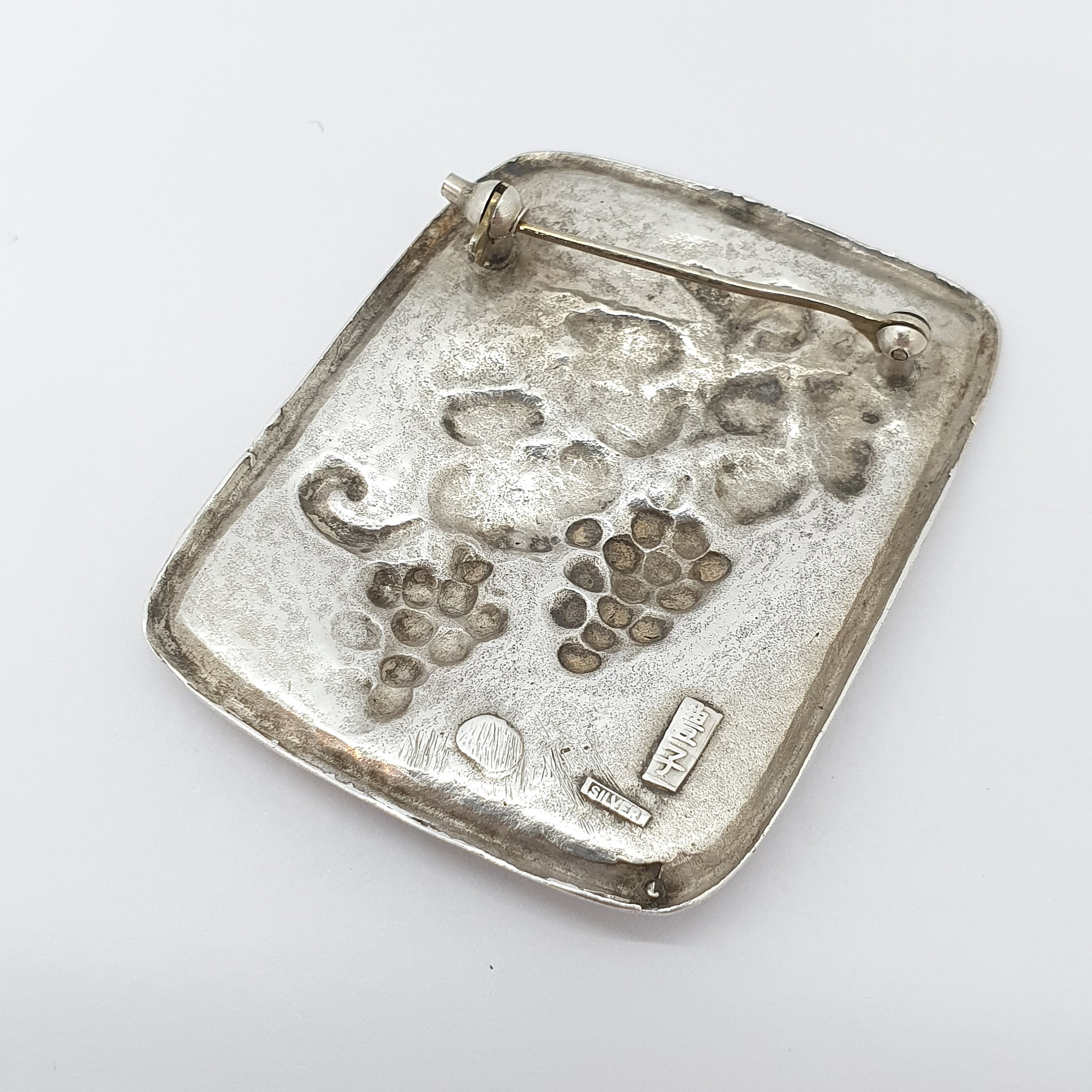 Broche Ancienne En Argent Massif - Motif Raisin Et Vigne - Signée Flam - Style Art Nouveau - Vintage