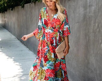 Vintage 60/'s Alice of California Patchwork Caftan Maxi Dress Pony unicorn barkcloth hawaiian modern small medium US 4 6