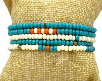 Turquoise bracelet stack (set of 5) - stretchy and unique - handmade!  Boho vibes - great gift item (birthday...)!  Handmade!