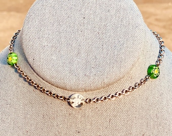 Chain choker necklace with flower beads / ADJUSTABLE / Beaded / Custom made / One of a Kind/ Boho / Thin necklace ~ QUICK SHIP!