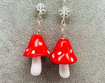 Cute MUSHROOM dangle beaded earrings,  Sterling silver,  flower beads,  Unique,  HANDMADE, fun!