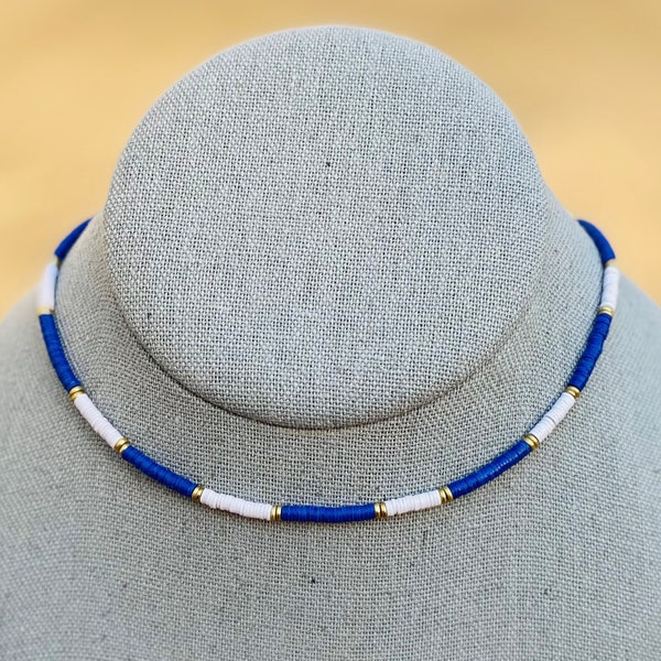 Cool blue, white and brass surf style THIN NECKLACE / choker / One of a Kind / Boho / surfer collar / beach /summer/ ADJUSTABLE!