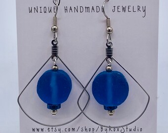 Sea glass GEOMETRIC loop earrings, Unique, Silver, Blue,  Made to order,  Jewelry gift - Birthday, Graduation, Mothers Day...