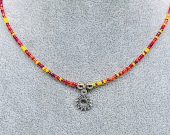 Handmade sun necklace, ADJUSTABLE, One of a Kind, Boho, Thin beaded choker, Seed beads, Custom made to order ~  QUICK SHIP!