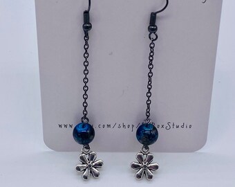 Long gunmetal dangle beaded earrings, FLOWER, Unique, Deep blue,  HANDMADE,  Jewelry gift - Birthday, Graduation, Mother's Day)...