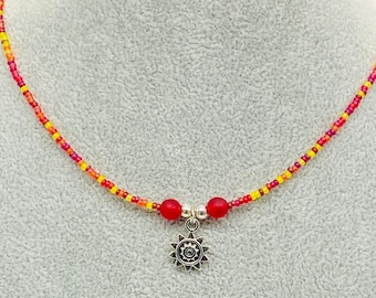 Handmade choker necklace with sun, ADJUSTABLE, Beaded, Summer vibes, Unique, Boho, Thin ~  QUICK SHIP!