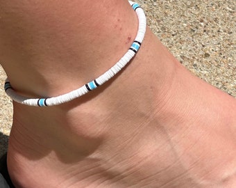 Surfer style anklet - custom and handmade,  ocean inspired beach jewelry.  Made from heishi beads,  one of a kind, quick shipping!