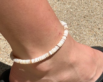 Surfer style anklet - handmade,  ocean inspired beach jewelry.  Made from earth toned heishi shell beads,  one of a kind, fast shipping!