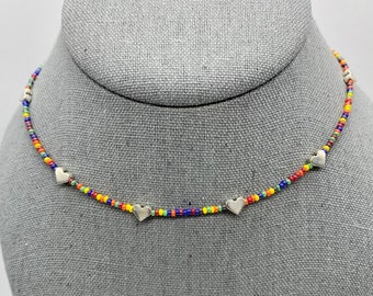 Retro indie choker necklace with hearts / ADJUSTABLE / Beaded / Boho / THIN NECKLACE / Rainbow / Cute for layering or stacking!