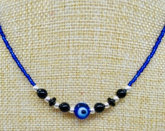 Beaded EVIL EYE choker (thin necklace ), Blue, Unusual, Custom made, Indie, ADJUSTABLE, One of a Kind ~ Great gift!
